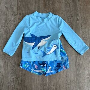 Carter’s Infant Boys Long Sleeve Blue Shark Print Rashguard Swim Shorts Set